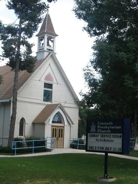 The white clapboard 1888 Presbyterian church on Main Street in Timnath